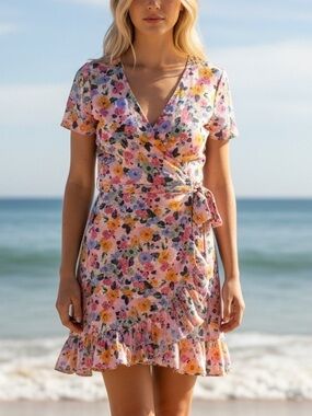 Rebel Sugar Pink Floral Mini Faux Wrap Ruffle Hem Short Sleeve Dress Sz XL
